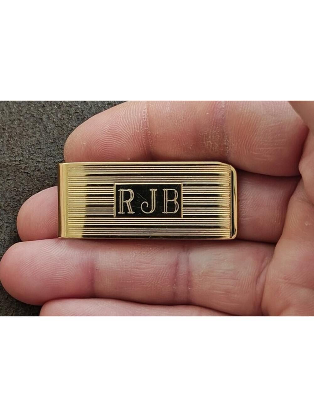 1960s Gold-Tone Engine-Turned Money Clip Monogrammed "RJB"